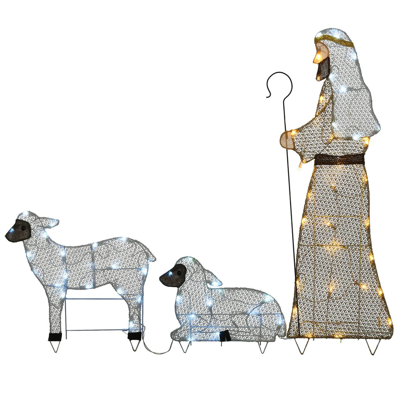 Fabric Glitter Shepherd and Sheep Set with Warm & Cool White UL LED Lights